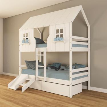 Imagem de Beliche Casinha Encantada com 02 Gavetas Kit Escada/ Escorregador Madeira Maciça Branco Housin