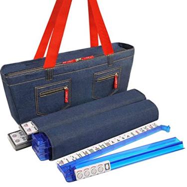 Imagem de Conjunto American Mah Jongg por Linda Li - 166 azulejos brancos premium, 4 suportes multifuncionais/empurradores, bolsa macia azul jeans - Conjunto completo elegante Mahjong