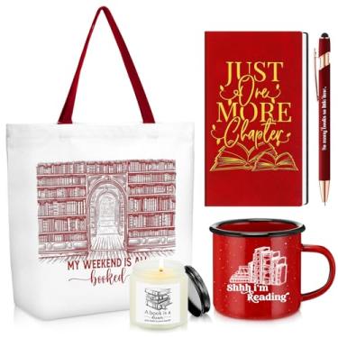 Imagem de Jetec Conjunto de 5 presentes para amantes de livros para leitores, inclui sacola de lona, caderno, caderno com caneta esferográfica, caneca esmaltada, vela perfumada para adolescentes, professor