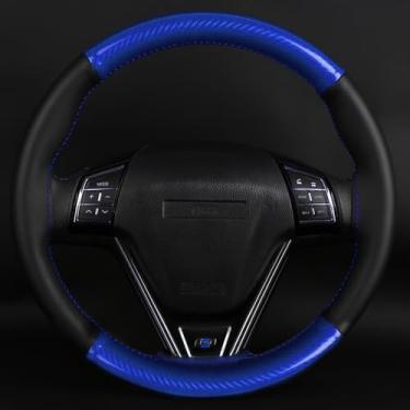Imagem de Capa de volante de carro com costura universal de fibra de carbono e microfibra para volante preta, design fino, protetor costurado à mão, antiderrapante, acessórios interiores de carro inodoros, azul