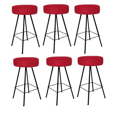 Imagem de Kit 06 Banqueta Alta Laisa Industrial Redonda Ferro Preto Tecido Sintético Vermelho - Amey Decor
