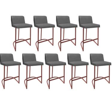 Imagem de Kit 09 Banquetas Com Encosto Noah Luxo Confort Bistrô Cozinha Ferro Bronze Suede Cinza - Amey Decor
