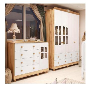 Imagem de Quarto Infantil Com Guarda-roupas E Cômoda Com Janelas 100% Mdf Maya Clássico Espresso Móveis Branco Brilho Amêndoa