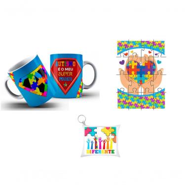 Imagem de Kit Caneca Meu Poder é Autismo + Chaveiro + Quebra-cabeça