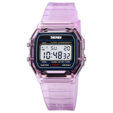 Imagem de Relógio de pulso feminino com pulseira de TPU transparente, à prova de choque, com visor retroiluminado e cronômetro, relógio digital feminino (Purple)