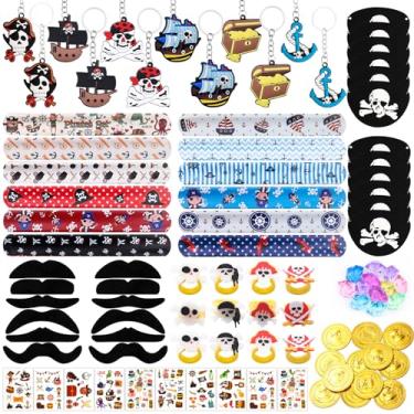 Imagem de 96 peças, brindes, pirata, parte, suprimentos, pirata, moedas, ouro, pirata, gema, pirata, anel, braceletes, remendo de olho pirata, tatuagens de bigode, para festa de aniversário, enchimentos de saco Goodie