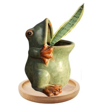 Imagem de zmgmsmh Vaso decorativo de sapo de cerâmica com base de bambu suporte para plantas internas em forma de animal, vaso suculento de cerâmica com drenagem, mini plantas suculentas, plantador de cacto
