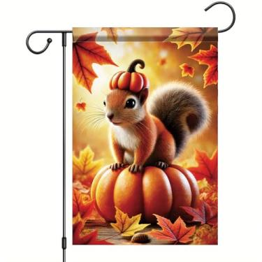 Imagem de Starlit Patio Bandeira de jardim de outono de ação de graças com esquilo com chapéu de abóbora 30,5 x 45,7 cm bandeira dupla face folha de outono bolota quintal banner para varanda gramado caminho