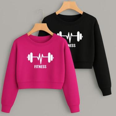 Imagem de Kit com 2 Cropped Moletom Estampa Barra Fitness Modinha Gym Academia T