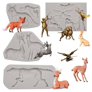 Imagem de Wildlife Conjunto de moldes de silicone, pacote com 4 cenas de caça com desenhos de coelho de veado raposa, adequado para decoração de bolos, enfeite de cupcake, chocolate, doces e artesanato DIY