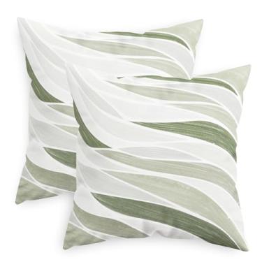 Imagem de CaliTime Capas de almofada decorativas 55 x 55 cm, pacote com 2 capas de almofada geométricas de lã abstrata de dois tons de onda do mar para sofá-cama, decoração de casa de fazenda, verde sálvia