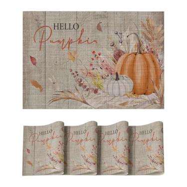 Imagem de Artoid Mode Jogo americano de plástico de vinil de madeira laranja Hello Pumpkin Leaves Fall com 4, tapetes de mesa de PVC antiderrapantes laváveis para decoração de festa de Ação de Graças, férias