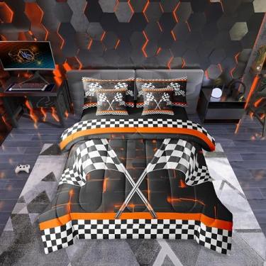 Imagem de Erosebridal Jogo de cama de casal com 7 peças, carro de corrida para meninos, preto e branco, quadriculado geométrico, cinza queimado, luzes neon 3D, enchimento de edredom respirável