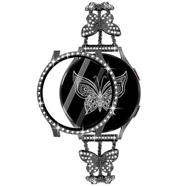 Imagem de Shesyuki Pulseira Bling com capa compatível com Samsung Galaxy Watch 4 e 5 40 mm e 44 mm, pulseira de aço inoxidável elegante de 20 mm com capa protetora de tela com glitter, pulseira de borboleta de diamante brilhante para mulheres (preto-40 mm)