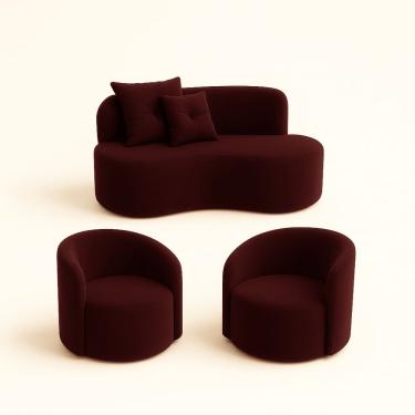 Imagem de Conjunto Decorativo 02 Poltronas + Sofá Curvo Orgânico Nature Gaia Suede Bordo - Montanaris Decor