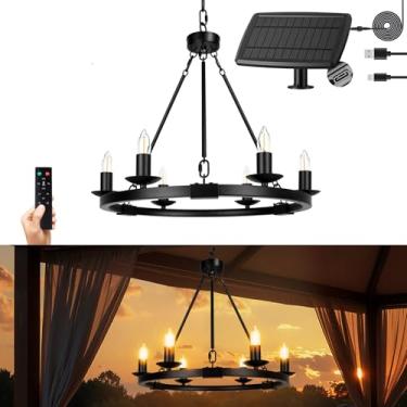 Imagem de ALL FORTUNE Lustre solar ao ar livre, lustre de 6 luzes de 48 cm à prova d'água com luzes pendentes reguláveis, estilo fazenda para gazebo, varanda, pátio, pérgola, iluminação decorativa