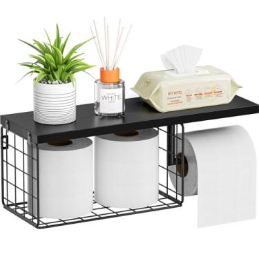 Imagem de VITVITI Suporte de papel higiênico com prateleira, cesta de armazenamento de papel higiênico montado na parede, rolo higiênico de metal de madeira e suporte de lenços para banheiro e fazenda (preto)