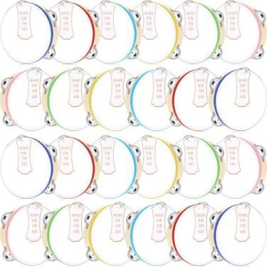 Imagem de Lukmaa Conjunto de 24 Pandeiros para adultos Tambor de mão de madeira com jingles de metal, etiquetas de presente, fita impressa branca I Love You, instrumento musical de presente de percussão para