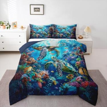 Imagem de Erosebridal Conjunto de edredom infantil, tamanho solteiro, réptil, para quarto de adolescentes e mulheres, homens, edredom de plumas de animais marinhos, colcha de peixe do mundo subaquático com 1