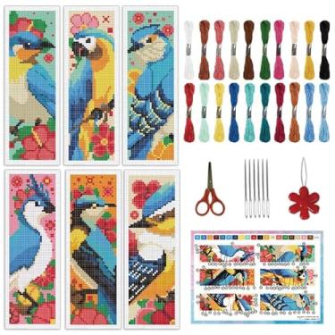 Imagem de INFUNLY 6 pçs/conjunto de marcadores de página de ponto cruz de pássaro azul papagaio DIY carimbado marcador de livro bonito beija-flor feito à mão ponto cruz com suporte de feltro instrução para