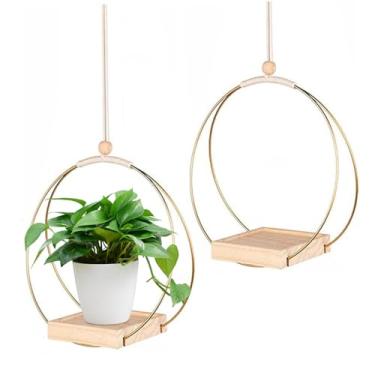 Imagem de 2 peças de cabides de plantas com base de madeira, suporte de plantas para pendurar estilo boêmio com gancho para decoração interna e externa, parede, teto, janela, casa, dourado.