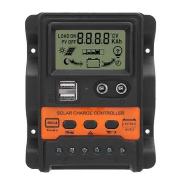 Imagem de Hilitand Controlador de Carga Solar PWM Controlador de Carregamento de Energia Solar Regulador de Painel Solar 12V 24V AUTO Com Tela LCD Portas USB Dupla para Sistemas de Grade Off (60a)