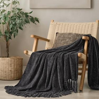 Imagem de EVERGRACE Cobertor macio de chenille para sofá, cobertor de malha de chenille decorativo felpudo aconchegante com borlas, cobertor leve e mantas para cama, sofá, presente, decoração de casa, preto de