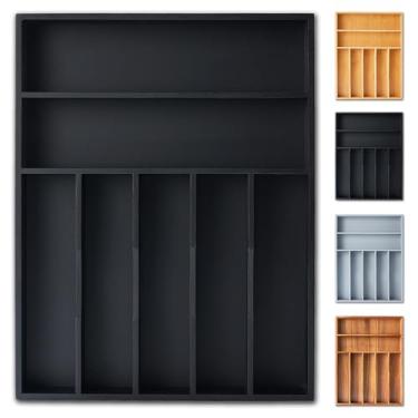 Imagem de Organizador de talheres, organizador de utensílios de 31 cm, organizador de gaveta de cozinha, suporte de talheres de bambu, bandeja organizadora de talheres em gaveta (7 compartimentos, preto)