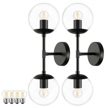 Imagem de KoKo&Yukina Pacote com 2 lâmpadas modernas de banheiro de meados do século fosco preto fosco arandela de parede moderna 2 luzes globo de banheiro com sombra de vidro transparente