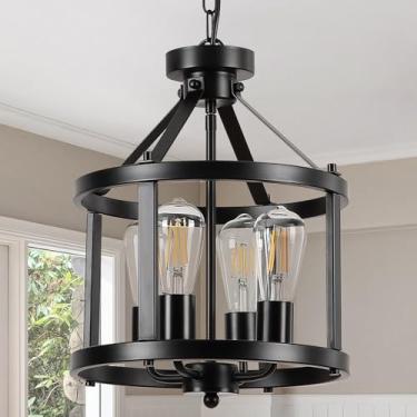 Imagem de Lustre preto para casa de fazenda, luzes pendentes de 4 luzes sobre ilha de cozinha, lustre industrial para pendurar no teto para entrada, sala de jantar, hall de entrada, corredor, sala de estar