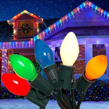 Imagem de Luzes de Natal C7, luzes de Natal vintage de cerâmica de 25 pés com 25 lâmpadas C7 multicoloridas, luzes de Natal penduradas ao ar livre para festa de árvore de Natal, decoração de festa de casamento