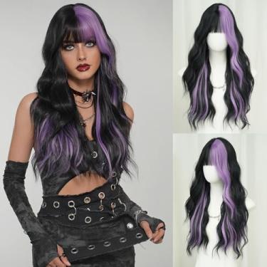 Imagem de 7JHH WIGS Peruca longa ondulada roxa preta com destaque 68,5 cm fibra sintética resistente ao calor encaracolado preto roxo destaque perucas ombres com franja para mulheres meninas festa diária Natal
