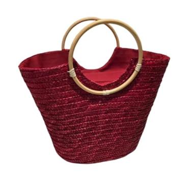 Imagem de Bolsa de Praia em Palha Trançada, Alças de Madeira, Design Cesta Artesanal Praia Piscina, 39 x 29 x 16 cm (Vinho)