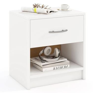 Imagem de KOMFOTT Mesa de cabeceira com gaveta, mesa lateral de cama moderna com gaveta deslizante, prateleira de armazenamento aberta, almofadas antiderrapantes inferiores, mesa de canto pequena para sala de