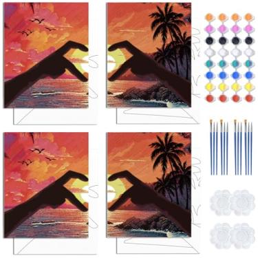 Imagem de WEBEEDY Pacote com 4 telas pré-desenhadas para pintar para adultos com tema de amor e pôr do sol, kit de pintura com moldura, tela de pintura de 20 x 25 cm com desenho pronto para pintar para presente