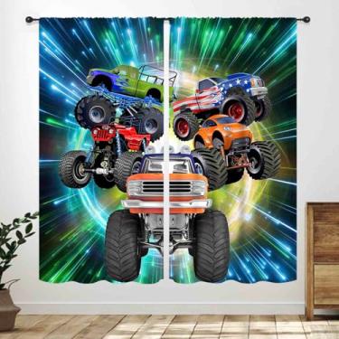 Imagem de Cortinas Monster Truck, universo galáxia, céu estrelado, azul, verde, adolescentes, meninos, crianças, tratamentos de janela para quarto de adolescentes, sala de estar, sala de jogos, 2 painéis, 106 x