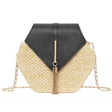 Imagem de GOIACII Bolsa tiracolo feminina Straw Summer Shoulder pequena bolsa de praia com borla de corrente de metal, Preto