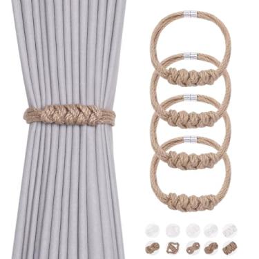 Imagem de NICEEC Pacote com 4 laços de cortina de corda de juta natural, elegante, estilo boêmio, fecho magnético, amarrado, corda macia à mão, retentores para cortinas de casa e escritório (nó de juta-04)