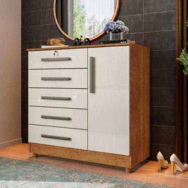 Imagem de Cômoda Grande 5 Gavetas 1 Porta com Chave Elegante Repleta, Cedro/Arei