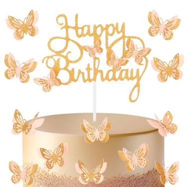 Imagem de iNINGER 13pcs Marca Pink Butterfly Happy Birthday Cake Toppers,Pink Cake Decorations,Orange Butterfly Theme Cupcake Toppers for Girls Birthday Decorations