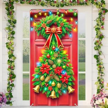 Imagem de BlissYard Capa de porta de árvore de Natal 188 x 89 cm Faixa de Natal para decoração interna de porta da frente, cenário vertical grande com sinos, guirlanda de pinheiro, luzes de poinsétias