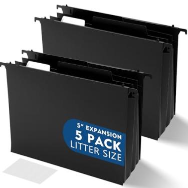 Imagem de Trandraft 5 pastas de arquivo suspensas de plástico de alta capacidade, 5 bolsos expansíveis com 10 divisórias móveis, pastas de arquivo pretas tamanho carta com abas inseríveis para armário de