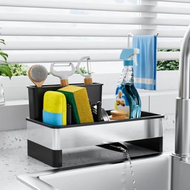 Imagem de Suporte de esponja para pia de cozinha, organizador de rack de pia de aço inoxidável com suporte de pano e escova, bandeja de armazenamento de sabão de bancada e suporte de esponja, essencial de