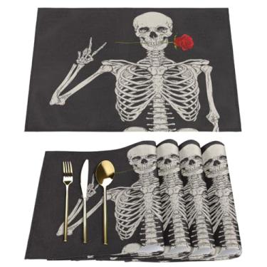 Imagem de Jogo americano com estampa de caveira gótica, conjunto de 6 tapetes de tecido de linho, resistentes ao calor, laváveis na máquina, tapetes antiderrapantes para cozinha e mesa de jantar