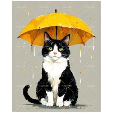 Imagem de Kit de pintura animal por números para adultos - Gato de smoking faça você mesmo com pintura de guarda-chuva amarelo em tela 40,6 x 50,8 cm, conjunto de tinta acrílica, adequado para iniciantes, arte