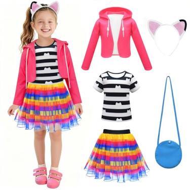 Imagem de MLKIN Vestido tutu arco-íris para meninas, casaco, camiseta, saia, conjunto com faixa de cabeça e bolsa, roupas infantis de Halloween, Vermelho, 3-4 Anos
