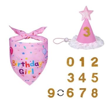 Imagem de Bestac Conjunto de bandana de aniversário para cães – chapéu de aniversário macio para animais de estimação e cachecol reversível, boné ajustável, serve para cães com pescoço de até 53 cm, perfeito