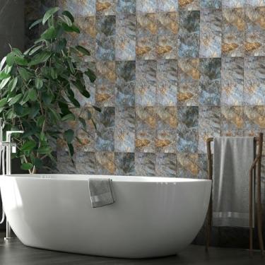 Imagem de ESSMOKO Papel de parede pastoral estilo parede em PVC autoadesivo impermeável quarto banheiro cozinha papel de parede cinza amarelo 45 * 300 cm