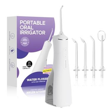 Imagem de OralGos Irrigador Oral Bivolt com 3 Modos, Jato de Água Ajustável Fio Dental de Água, USB Recarregável, IPX7, 4 Bicos, 300ML Irrigador Bucal Portátil para Viagem e Casa (Branco)