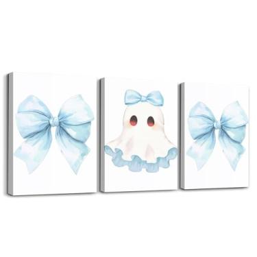 Imagem de Erosebridal Arte de parede em tela de fantasma com laço para sala de estar quarto 30,5 x 40,6 cm 3 peças Halloween gótico assustador impressão de pôster desenho animado azul gravata borboleta pintura